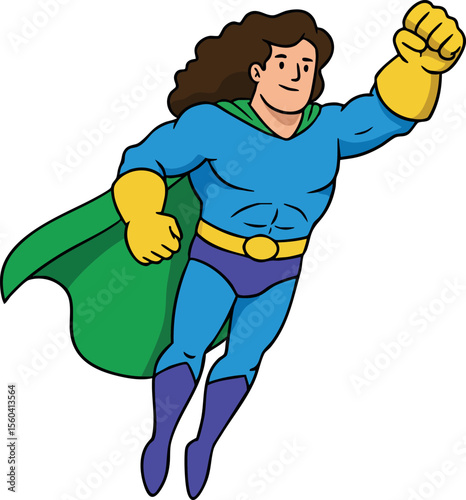 Superhero flying with green cape and blue suit in dynamic cartoon style powerful action pose