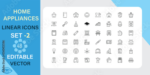 Set of 48 editable vector linear icons depicting various home appliances and household items. Perfect for UI design or web projects.