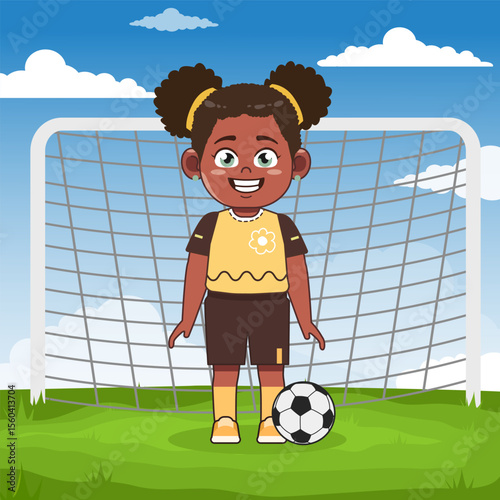 Cute African American Girl Cartoon Character Playing Football