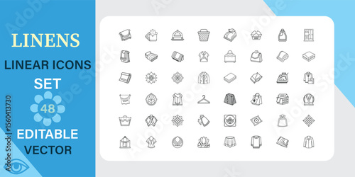 A set of 48 editable vector linear icons depicting various linen and laundry related items, symbols, and actions.