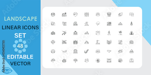 Set of 48 editable vector linear icons depicting various landscape elements mountains, trees, sun, clouds, etc. Perfect for apps or websites.