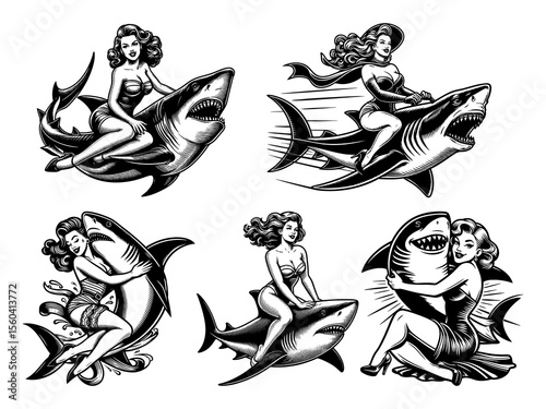 pin-up women riding shark Set collection bundle sketch engraving generative ai PNG illustration. Scratch board imitation. Black and white image. photo