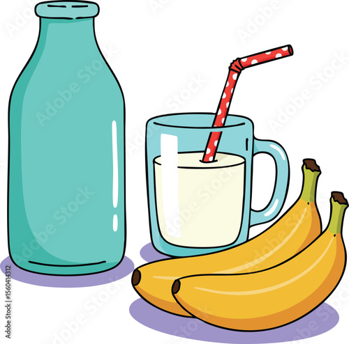 Fresh milk bottle with glass and red straw alongside ripe yellow bananas vector illustration for healthy breakfast or snack ideas