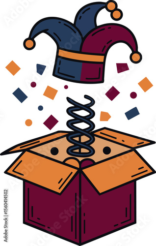 Joker hat popping out of surprise box with confetti and festive colors vector illustration design