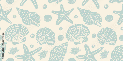 Block print seashells vector pattern. Seamless vintage pattern with tropical beach shells. Summer vacation design	