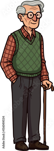 Elderly man standing with cane wearing glasses green vest and plaid shirt vector illustration