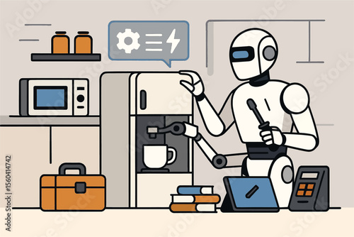 AI Robot Repairing Kitchen Appliance – Flat Vector Illustration for Smart Home Technology