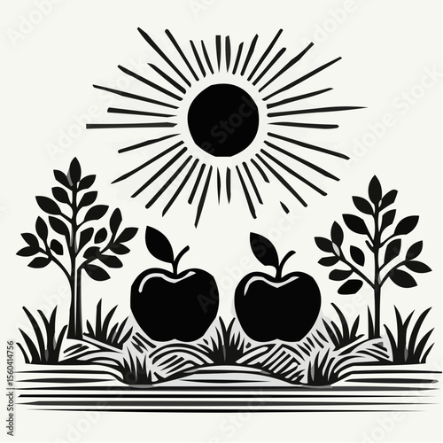 Iconic black silhouette of apples and trees under sun rays  