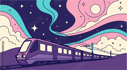 Illustration of a modern train at night with aurora borealis and stars in the background scenery scene