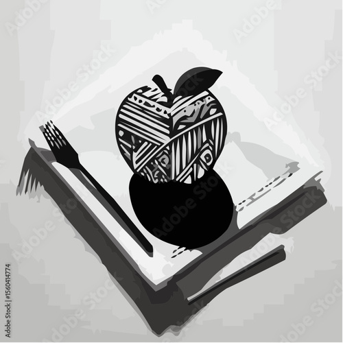 Artistic black and white apple illustration on a plate with fork  