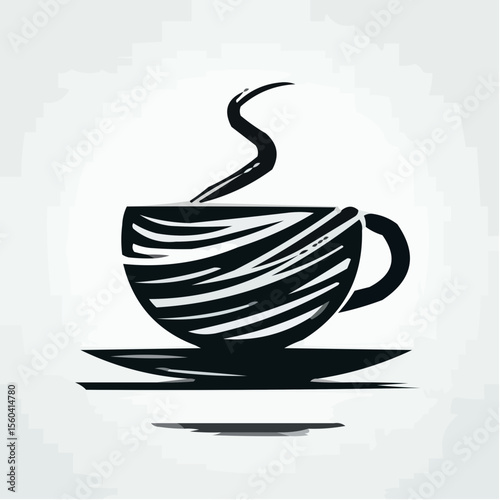 Black coffee cup with steam on saucer in minimalistic style  