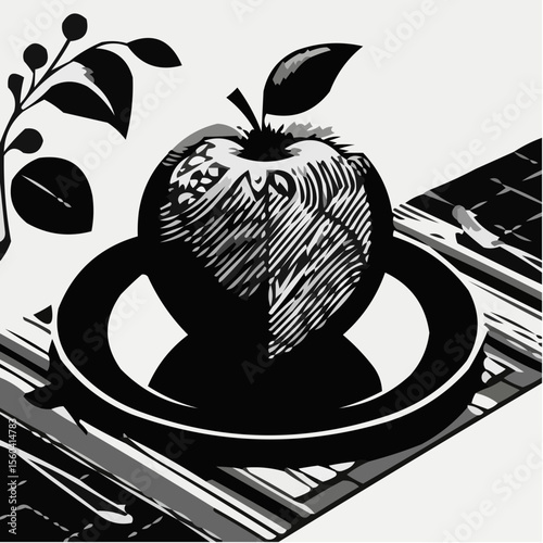 Black and white illustration of an apple on a plate with a leaf  