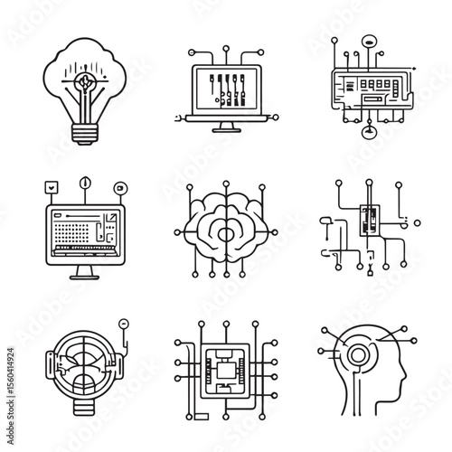 Vector art of nine technology icons isolated on white background, illustrating concepts like a lightbulb idea, computer interface, and brain circuitry