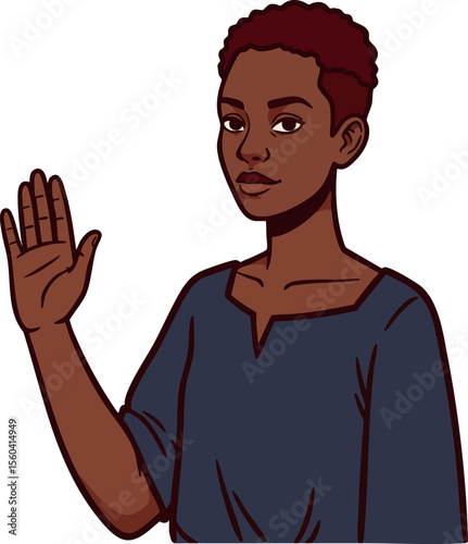 Confident young black woman with short hair raising hand in casual dark blue top vector illustration
