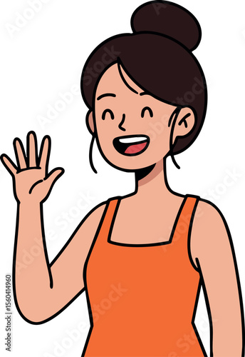 Woman waving hand smiling friendly gesture in orange top vector illustration cheerful character design