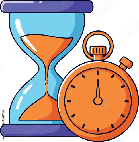 Hourglass and stopwatch measuring time passing with blue and orange colors vector illustration