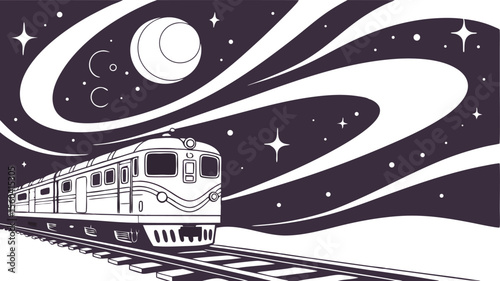 Illustration of a train traveling on tracks under a starry night sky with a crescent moon shining bright