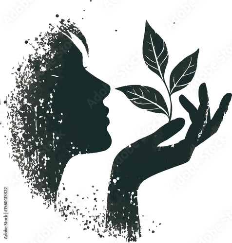  Expressive silhouette of a woman holding a sprouting plant in a minimal and artistic style. The design embodies the themes of growth, serenity