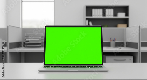 Laptop Mockups with Green Screens – Office Backgrounds Blurred, No People – UI/UX Design Presentation, Product Display, and Branding Showcase Ready