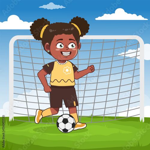 Cute African American Girl Cartoon Character Playing Football Dribble