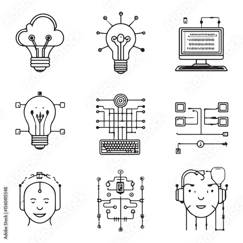 Vector art of a set of nine technology icons isolated on white background, illustrating concepts like cloud computing, bright ideas, computer interfaces, and braincomputer interfaces