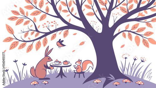 Illustration of a rabbit and squirrel having tea under a tree with leaves and mushrooms in the forest scene