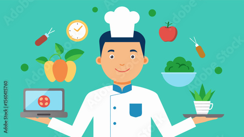 A television show showcasing a male chef who promotes healthy and sustainable eating habits encouraging viewers to take care of their bodies and the environment.. Vector illustration