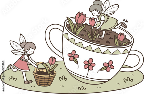 Two fairies tending to tulips one in a basket and the other in a giant teacup with flower decorations