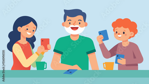 A family sitting around a table with a deck of memory cards in front of them playing together and laughing as they challenge each others cognitive abilities.. Vector illustration