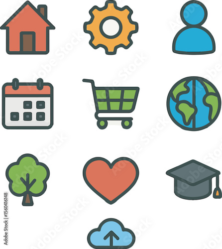Collection of nine assorted web user interface icons representing diverse functionalities and data categories