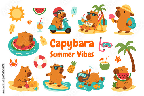 A collection of cute capybaras enjoying a summer day