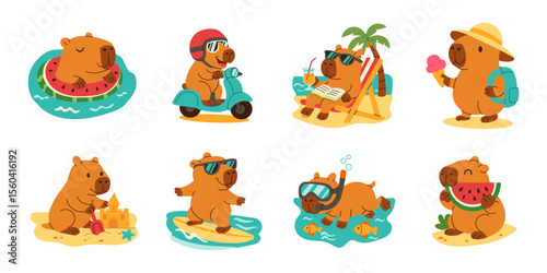 A set of cartoon bears are enjoying a day at the beach. One bear is riding a scooter, another is swimming in the ocean, and another is lounging in the sun. The bears are all wearing sunglasses