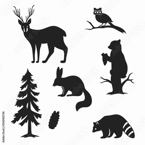 Silhouette vector set of various wild and domestic animals including deer and other mammals