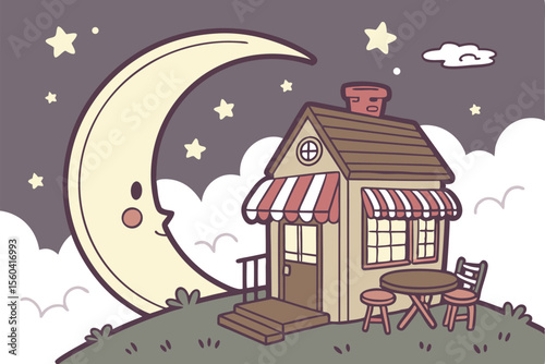 Illustration of a cozy house with striped awning next to a smiling crescent moon under a starry night sky