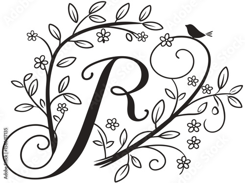 Elegant floral letter r vector design with bird leaves and flowers for sophisticated projects