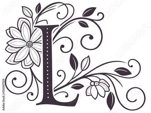 Elegant floral monogram letter l with swirls and decorative elements.