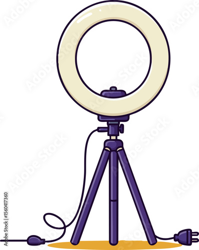 Ring light with tripod stand and power cord vector illustration for photography and video lighting equipment in purple and cream colors