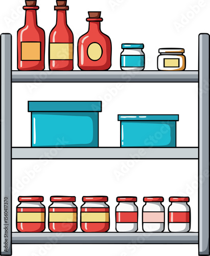 Kitchen shelf with jars bottles and containers organized for storage and cooking essentials vector illustration