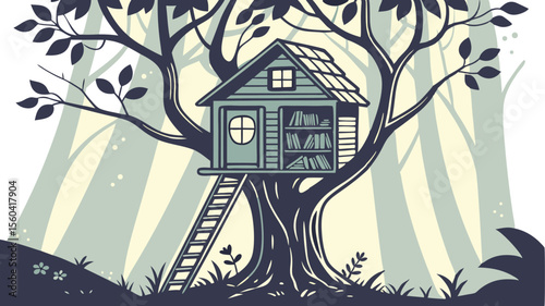 Illustration of a treehouse with a ladder and books in a forest with light shining through the trees