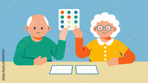 A game of bingo at the senior center with a group of seniors concentrating on their cards and calling out numbers in order to improve their cognitive abilities and handeye. Vector illustration