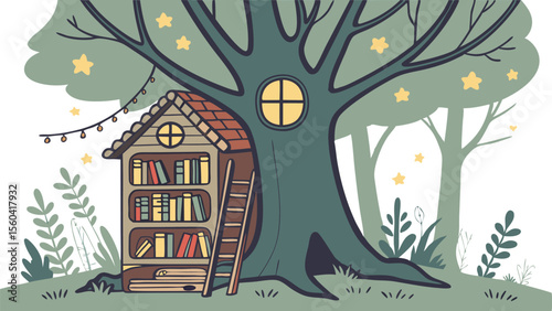 Illustration of a cozy treehouse library with books and a ladder under a tree with hanging lights and stars