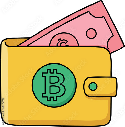 Bitcoin wallet with cash money digital currency concept vector illustration for finance and cryptocurrency usage