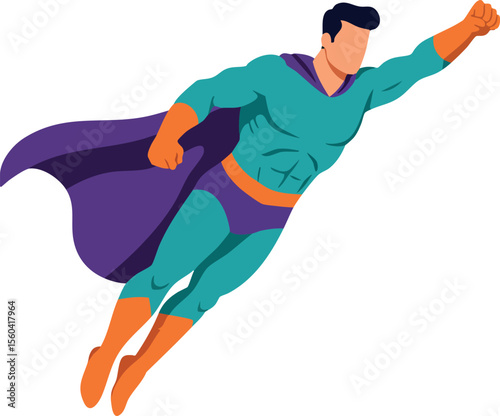Superhero flying in dynamic pose with teal costume and purple cape vector illustration