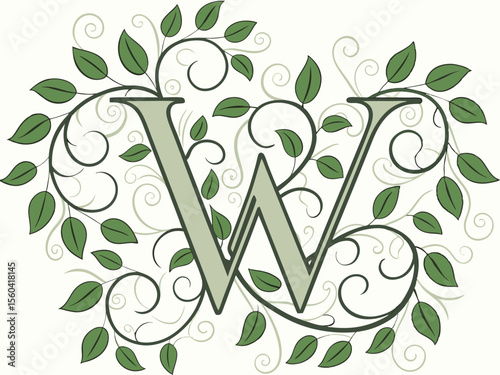 Elegant letter w decorated with leafy vines and swirls against a white background