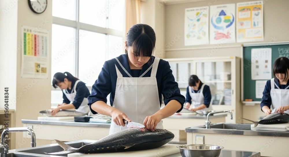 Fototapeta premium マグロをさばく少女