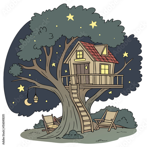 Illustration of a treehouse at night with stars, chairs, and a ladder leading up to the house in the tree