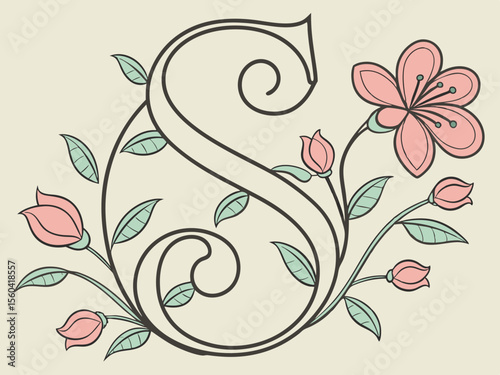 Floral flourish with elegant letter s design featuring blooms and delicate foliage decoration