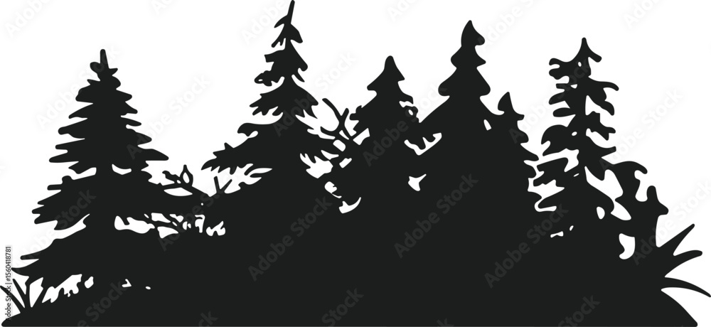 Pine Tree Forest Silhouette with Bushes – Vector Woodland Nature Illustration