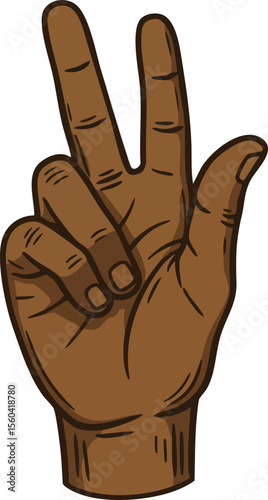 Dark brown hand showing three fingers raised with detailed vector drawing style illustration