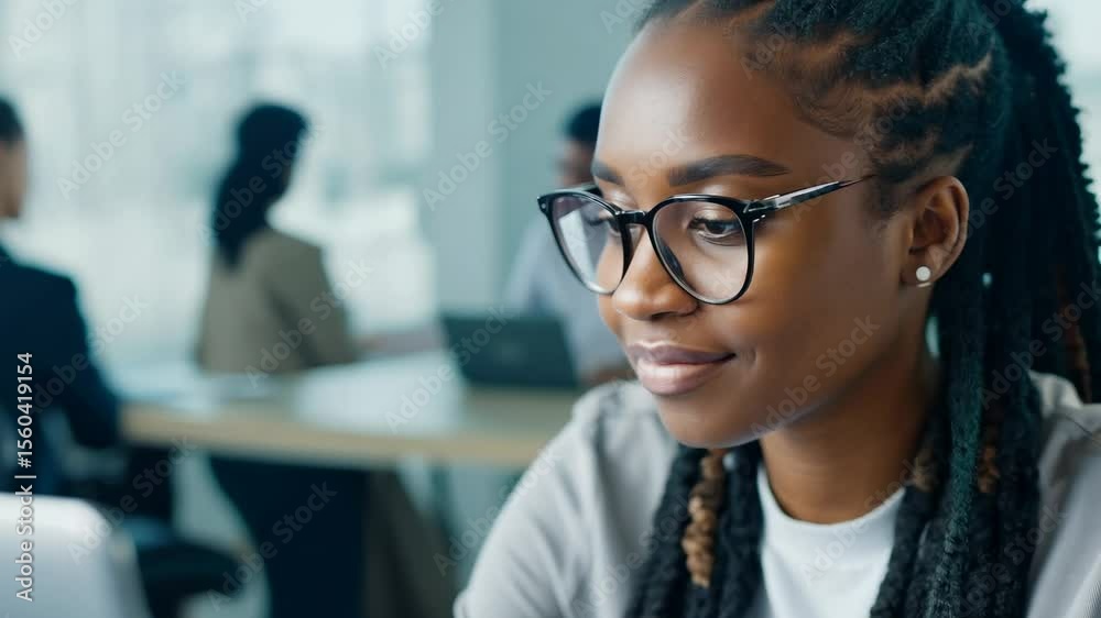Young African American woman with multi colored dread locks in front of laptop monitor in office. Purposeful work in the office.